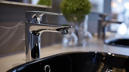 Modern Chrome Faucet Over Black Sink in Contemporary Bathroom Interior
