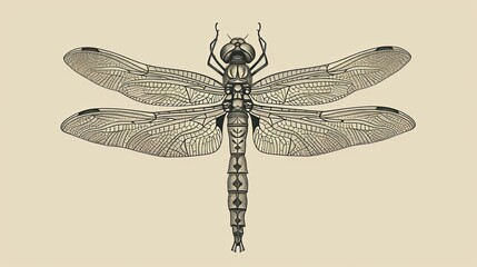 Abstract image of a black dragonfly, on a beige background, hand drawn style, thin lines and shadows, profile, spread wings, insect, transparent, close up. Generative by AI