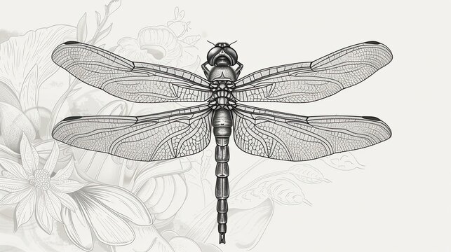 Abstract image of a black dragonfly, on a white background, flowers, petals, hand drawn style, thin lines and shadows, profile, spread wings, insect, transparent, close up. Generative by AI
