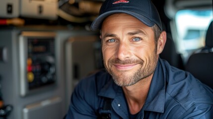 Smiling Firefighter Wearing a Dark Blue Uniform and Cap Inside a Fire Truck