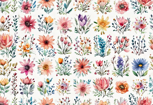 Watercolor illustration of trendy floral icon set, vintage style flowers on isolated background, colorful collection of spring patterns in pastel colors, romantic graphic seamless pattern