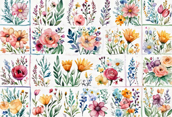 Watercolor illustration of trendy floral icon set, vintage style flowers on isolated background, colorful collection of spring patterns in pastel colors, romantic graphic seamless pattern