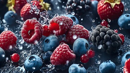 A bunch of berries, raspberries, blueberries, strawberries, blackberries, healthy eating, vitamins, chaotic composition, water, liquid. Harvest, vegetable garden, realistic style. Generative by AI - Powered by Adobe