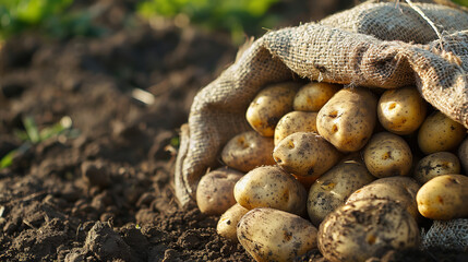 Newly harvested potatoes standing in sack, close up - obrazy, fototapety, plakaty