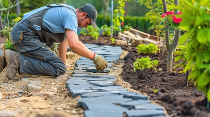 Landscape, garden, gardener, tiles, vegetable garden, greenery, lawn, grass. Florist, yard, hard work, blur, handyman, dirt, pants, backdrop, background, work on the site itself. Generative by AI