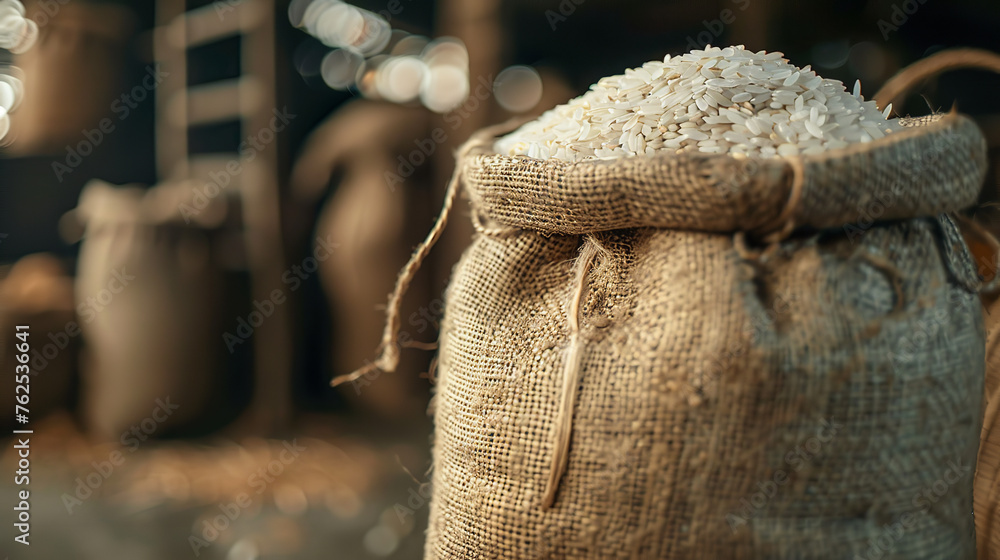 Wall mural Rice standing in sack, close-up shot