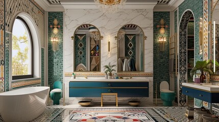 Image of a filled bathroom, baroque style, design, interior, ornament, tiles, carpet, cozy atmosphere, mirror, sink, arch, toilet, flower, paintings, warm light. Generative by AI