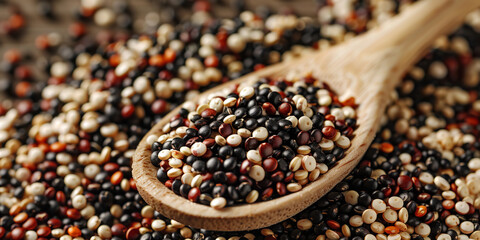 Red, black and white quinoa grains in a wooden spoon. Healthy food background