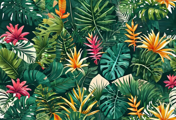 Vector illustration, modern collage of floral illustrations of tropical elements, palm leaf, logo for greeting card, background or label,