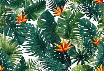 Vector illustration, modern collage of floral illustrations of tropical elements, palm leaf, logo for greeting card, background or label,