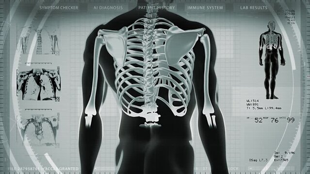Animation of 3D Human Body Model Rotating. Bone Structure and several MRI. Futuristic Interface Technology. Vital signs.