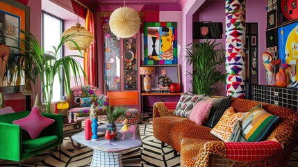 Image of a boho guest room, sofa, pillows, upholstery, miniature tabletop, armchair, picture window, vase, wardrobe, design, painting, fullness, flowers. Home comfort concept. Generative by AI