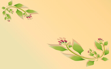 Fototapeta na wymiar Flowering leaf decorations frame the golden cream gradient background