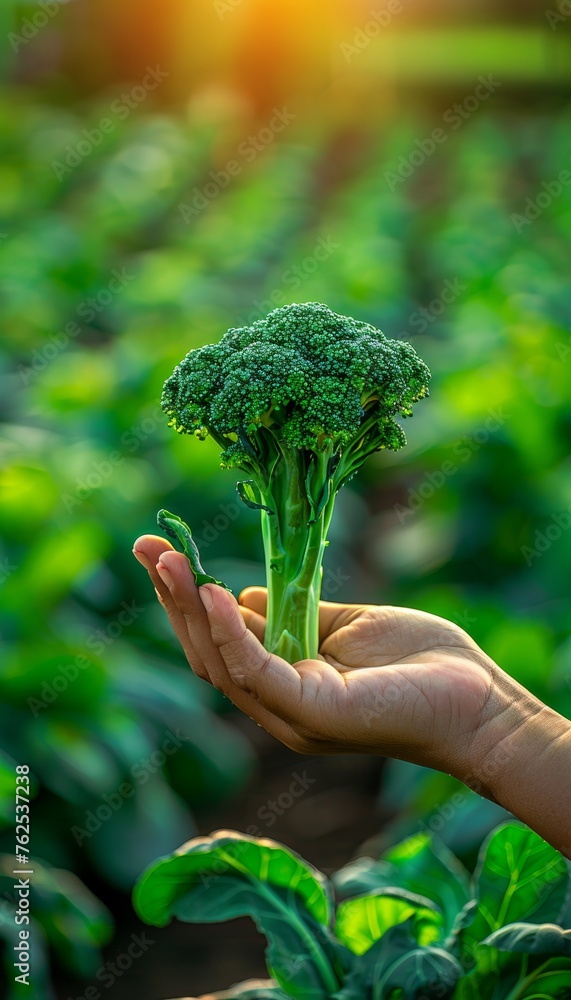 Poster hand holding fresh broccoli floret on blurred background with copy space for text placement