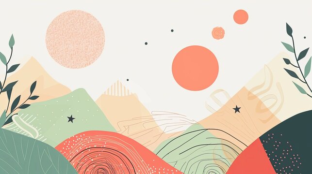 Abstract image of minimalistic background. Mountain landscape, composition of lines and dots, flat design, simplicity, circles, sketch, foliage, plant, bright color palette, stars. Generative by AI