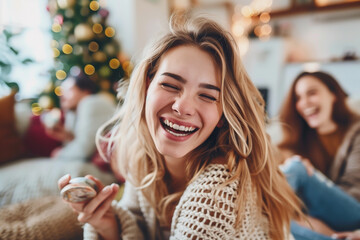 Happy woman laughing while sitting on floor with her friends at christmas time