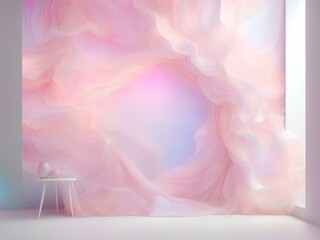 A visually stunning image portrays a mesmerizing studio wall adorned with an array of iridescent organic wavy light pink tulle curtain against a patel gradient wall.