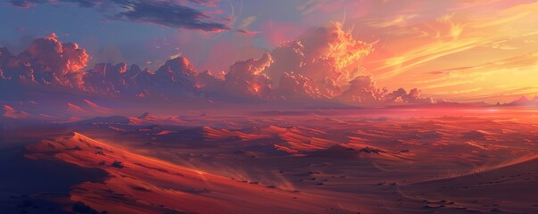 Majestic Sunset Over a Vast Desert Landscape With Vivid Orange Clouds