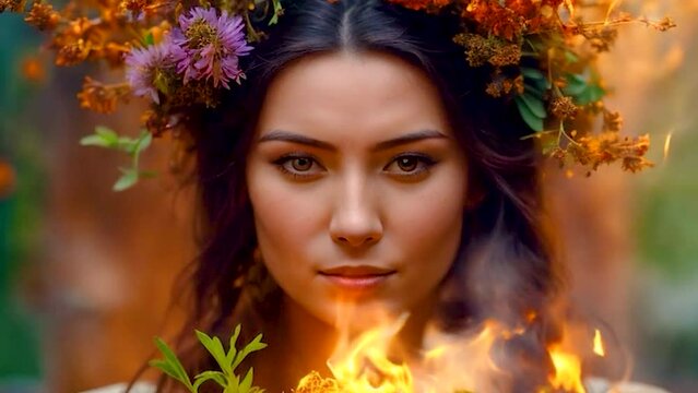 a woman burns herbs in her hands. Selective focus. people.