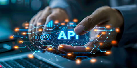 Technology Executive Displaying API Integration Concept with Glowing Icons for Application Programming Interface