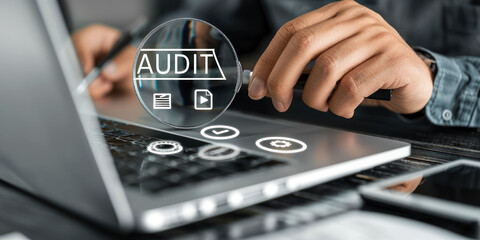 Naklejka premium Professional Conducting an Online Audit Using a Magnifying Glass Icon Over a Laptop, Symbolizing Detailed Inspection