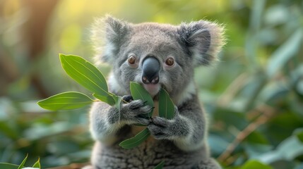 Koala Bear Eating Leaves on Tree Branch