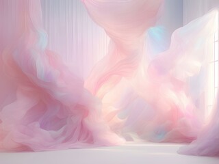 A visually stunning image portrays a mesmerizing wall adorned with an array of iridescent organic natural light pink tulle curtain against a patel gradient wall.
