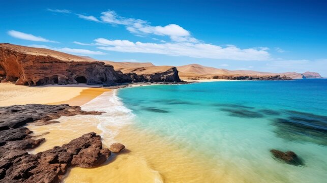 Idyllic beach on the coast with golden sand and turquoise water and brown cliffs in the background