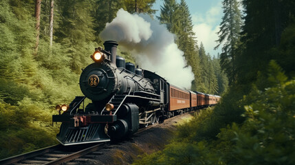 A historic steam locomotive pulling vintage passenger cars through a forested area, evoking the...