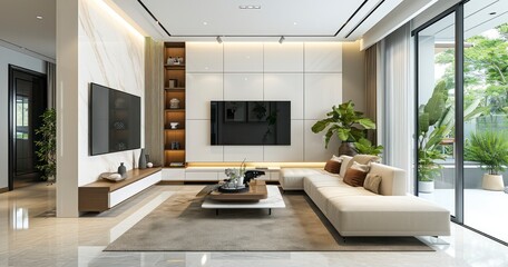 Obraz premium A Spacious Room's Transformation with a White Sofa and TV Unit in a Luxury Modern Living Room Design