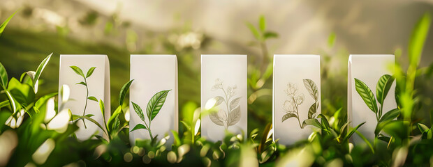A row of five white boxes with green leaves on them - Powered by Adobe