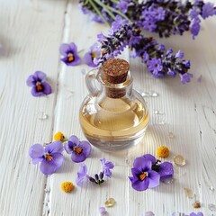 Obraz na płótnie Canvas Lavender essential oil in a glass bottle with fresh lavender flowers on a white wooden background.