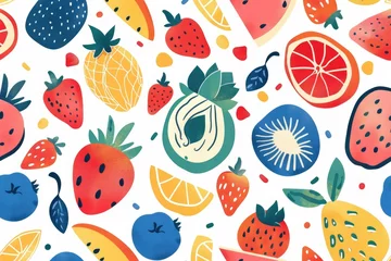 Tuinposter Abstract fruit tropical seamless pattern banner, wallpaper for kids, bright colors over white background. Wrapping paper for presents, isolated png. Baby linen, clothes and products for children © m