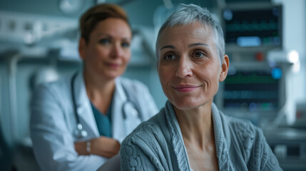 Portrait of a woman suffering from cancer, in a hospital on the background of the attending doctor, the fight against cancer