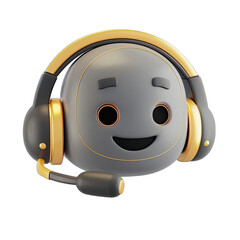 elegant grey and gold customer service 3d icon of operator, smiling with headphone isolated on transparent background