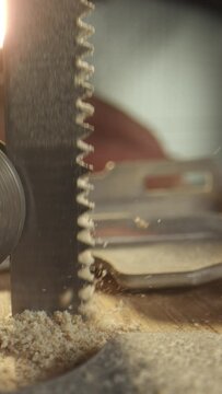 Witness the finesse of a jigsaw cutting through wood in mesmerizing 4K vertical slow motion.