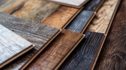 Close-up shot of a variety of laminate flooring samples, showcasing different wood textures and patterns for interior design projects