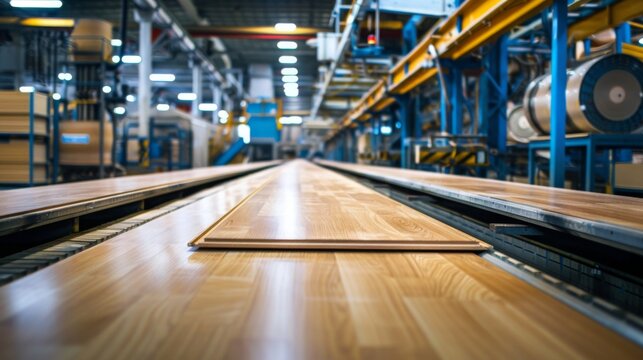 Production line in a factory, showing the process of manufacturing laminate or parquet flooring