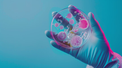 A gloved hand holds a petri dish containing bacterial colonies.