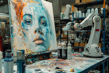 Robotic Arm Painting a Modern Portrait in an Artistic Workshop