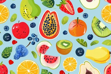Abstract fruit tropical seamless pattern banner, wallpaper for kids, bright colors over blue background. Wrapping paper for presents, isolated png. Baby linen, clothes and products for children