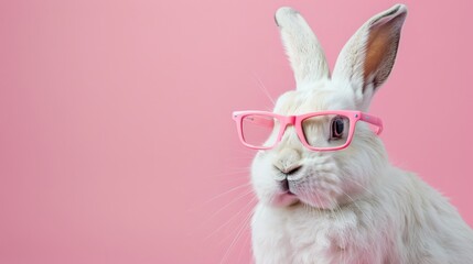 Happy easter bunny with pink glasses on pastel background