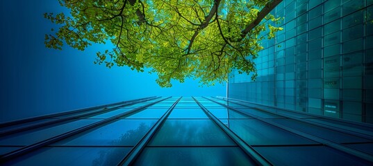 Modern eco friendly glass office building with tree in sustainable urban environment