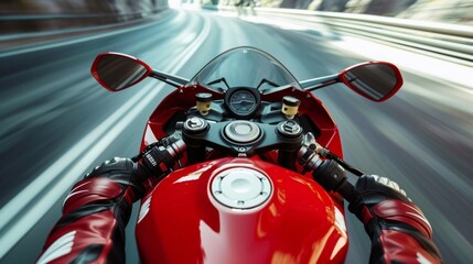 Steering wheel of a red sports motorcycle, conveying the speed and excitement of riding a sports...