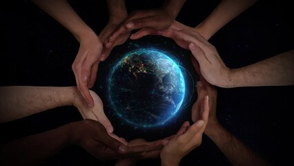 Hyperconnected World with Female Hands Holding 3D Spinning Earth with Technological Connections. Asia, Europe and America. Telecommunication and Environmental concept. 