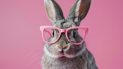 Happy easter bunny with pink glasses on pastel background