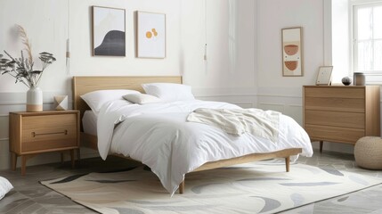 Fototapeta na wymiar Scandinavian Style Bedroom with Light Oak Furniture AI Generated.