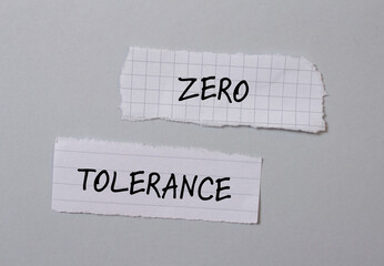 Zero tolerance words written on torn paper pieces with gray background. Conceptual photo. Copy...
