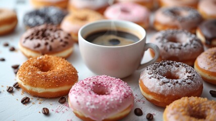 Table With Assorted Donuts and Coffee Cup