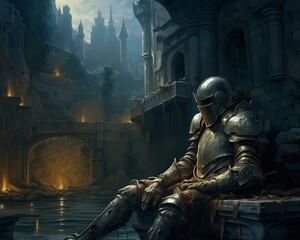 Fantasy art of one knight sitting alone with tiredness after fight - obrazy, fototapety, plakaty